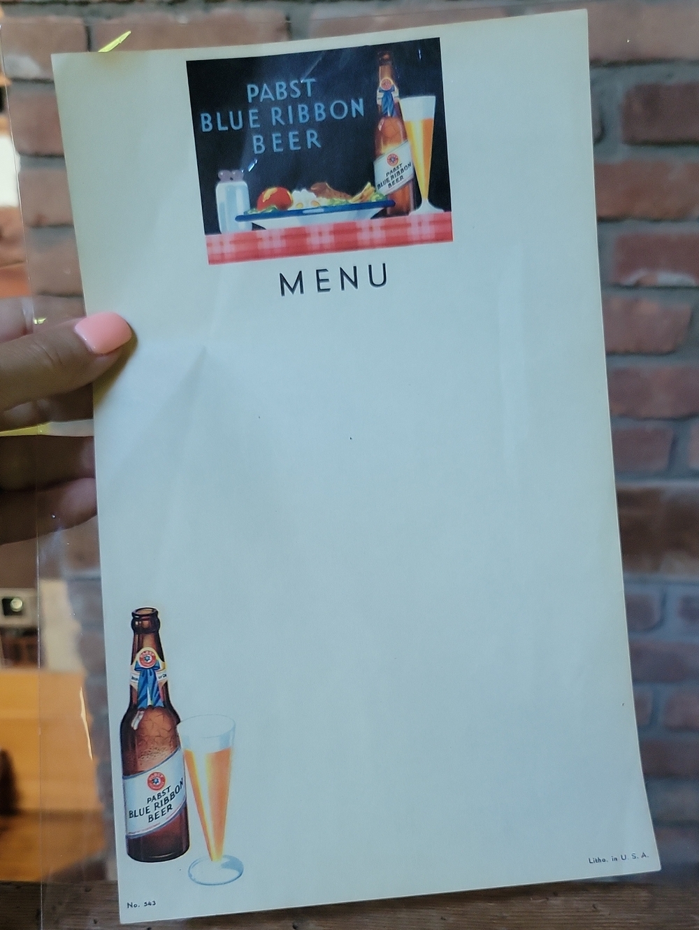 1960 Pabst Blue Ribbon Beer Menu Blank - Advertising Memorabilia